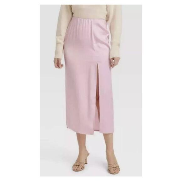 117 Women's A New Day Pink Satin Maxi Aline W/Side Slit & Elastic Waist Skirt - Picture 1 of 3